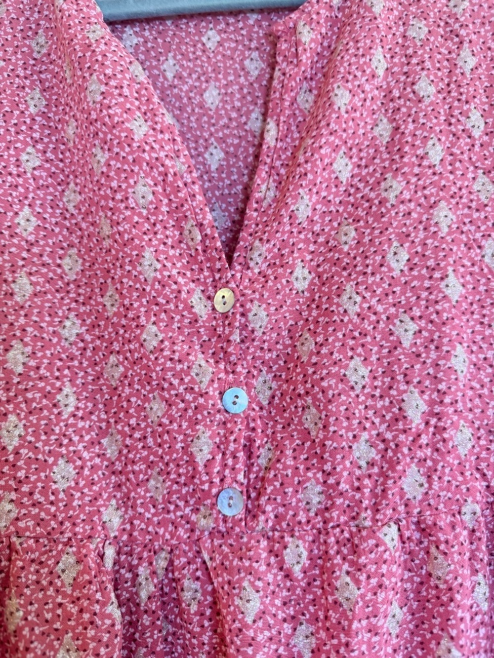 Scandal Ordell Cotton Pink Gold Bohemian Tiered Balloon Sleeve V-neck Dress L - Picture 2 of 10